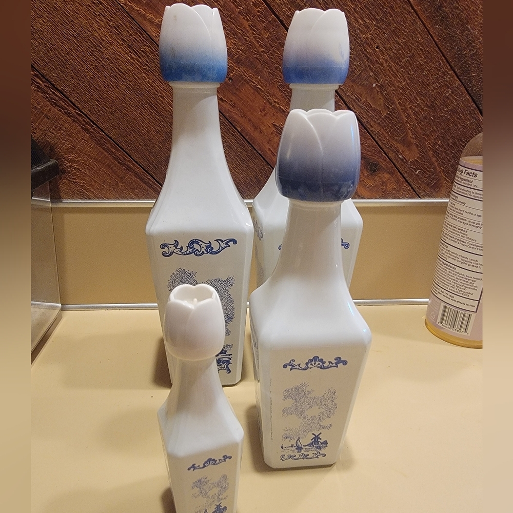 Vandermint 4-Liquor empty Vintage Dutch bottles. 1970's  Blue windmills